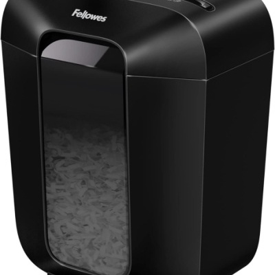 Máquina de triturar papel preta Fellowes com janela transparente e botões no topo