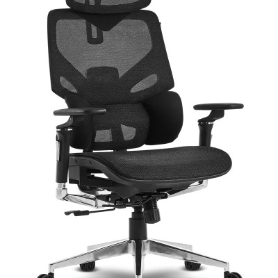 Cadeira de escritório ergonómica preta com apoio de cabeça e base metálica com rodas