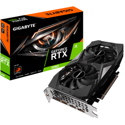 Placa gráfica GIGABYTE GeForce RTX 2060 com dois ventiladores e embalagem