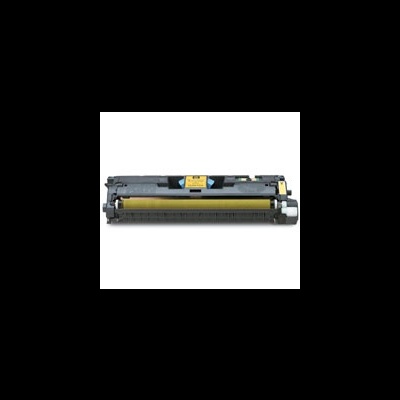 Toner de impressora cinzento e amarelo com etiqueta amarela sobre fundo branco