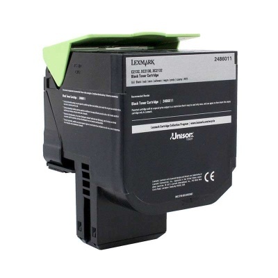 Cartucho de toner preto Lexmark com tampa verde e etiquetas com texto e logótipos