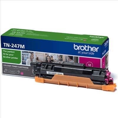 Cartucho de toner Brother TN-247M magenta com embalagem azul e verde