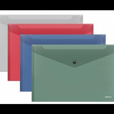 Quatro pastas envelope coloridas com fecho de botão, feitas em plástico