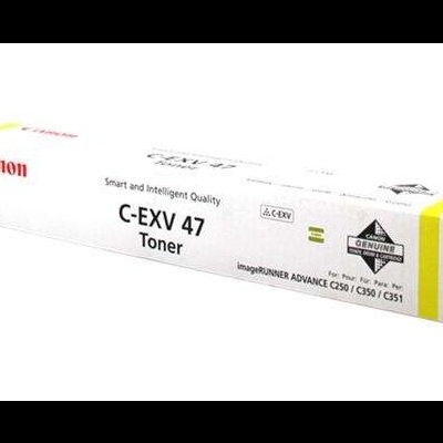 Embalagem branca de toner Canon C-EXV 47 com detalhes amarelos e texto impresso