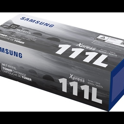 Caixa de cartucho de toner Samsung modelo MLT-D111L preta com texto em cinza e azul