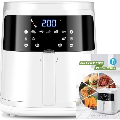 Frigideira de ar quente branca com visa digital e livro de receitas