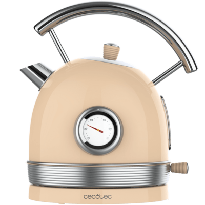 chaleira elétrica bege com termómetro frontal e detalhes metálicos
