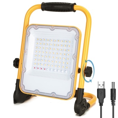 Projetor LED portátil amarelo com painel de LEDs e cabo USB