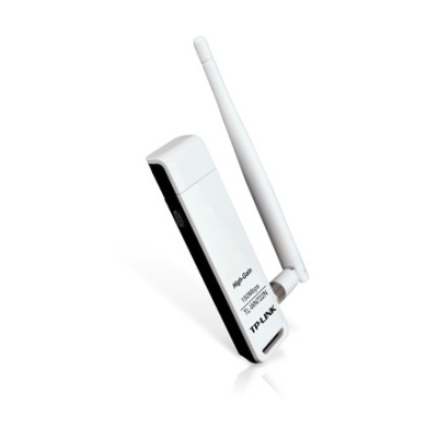 Adaptador USB Wi-Fi branco com antena externa e texto TP-LINK