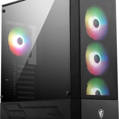 Caixa de computador preta com painel lateral em vidro temperado e ventoinhas RGB iluminadas.