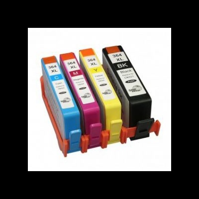 Conjunto de quatro tinteiros coloridos para impressora em suporte laranja