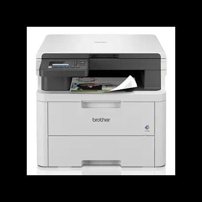 Impressora multifunções Brother branca a imprimir folha colorida