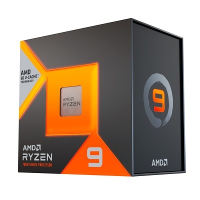 Embalagem do processador AMD Ryzen 9 série 7000 com cores preto e laranja