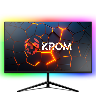 Monitor KROM preto com padrão laranja e logo KROM no ecrã