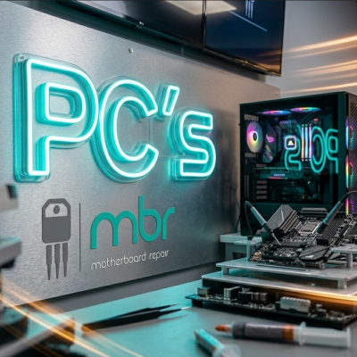 Interior de oficina eletrónica com letreiro de néon PCs e componentes eletrónicos sobre mesa.