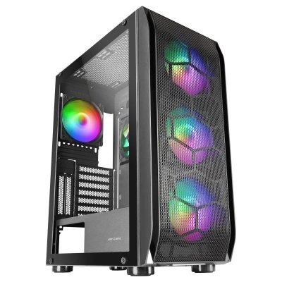 Torre de computador preta com ventoinhas RGB e vidro temperado lateral