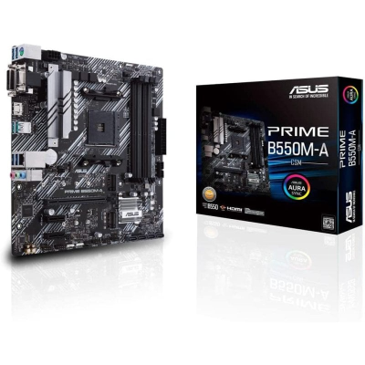 Placa-mãe ASUS PRIME B550M-A GSM preta e embalagem ao lado