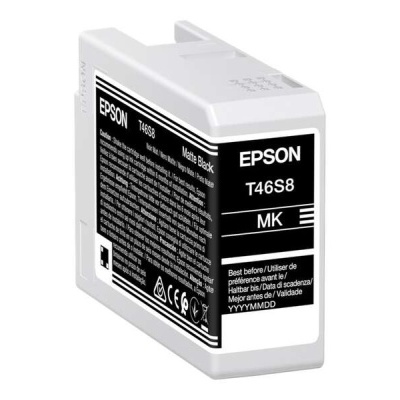 Cartucho de tinta preto mate EPSON T46S8 com etiquetas e texto multilingue.