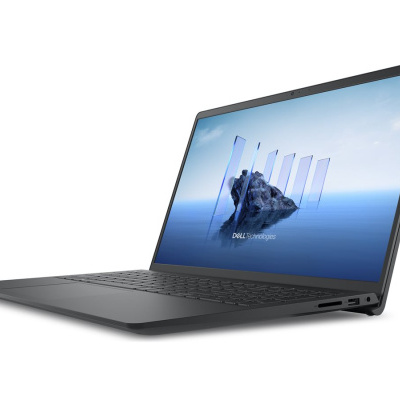 Computador portátil preto Dell aberto com ecrã ligado e teclado visível