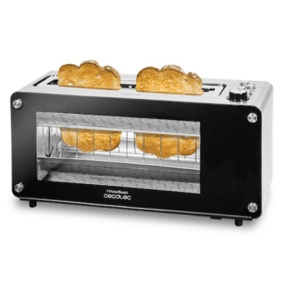 Torradeira horizontal preta com quatro fatias de pão a tostar