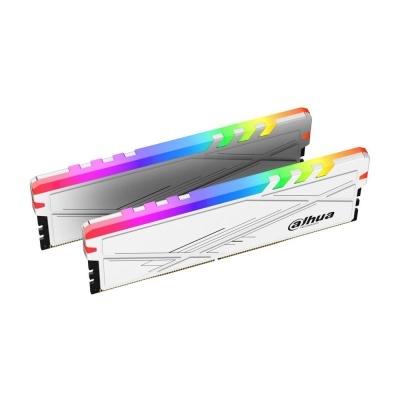 Dois módulos de memória RAM com dissipadores brancos e iluminação RGB colorida.