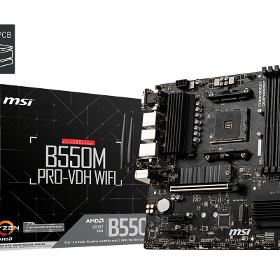 Placa mãe MSI B550M PRO-VDH WIFI com caixa e componentes detalhados