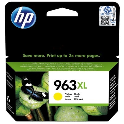 Embalagem de tinta HP 963XL amarela com borboleta e plantas verdes