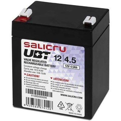 bateria recarregável preta Salicru UBT 12V 4.5Ah com etiqueta de advertências e reciclagem