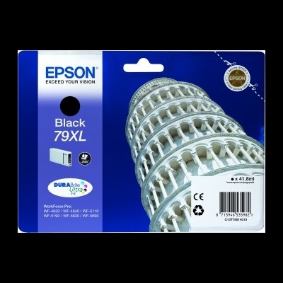 Embalagem de tinteiro Epson preto 79XL com imagem da Torre de Pisa