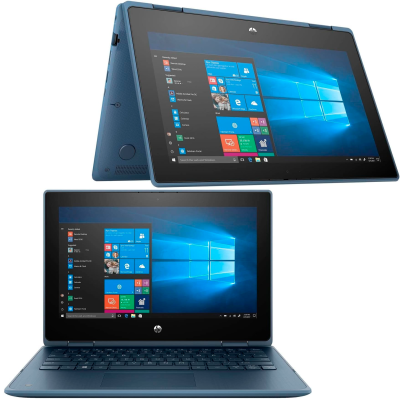 Notebook portátil azul metálico Windows 10 em modos tablet e portátil