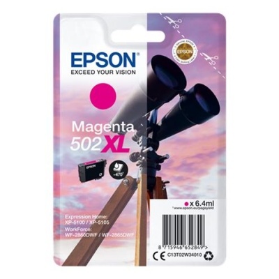 Cartucho de tinta Epson Magenta 502 XL com imagem de binóculos e céu ao pôr do sol.