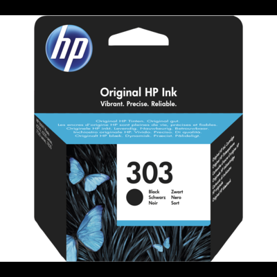 Cartucho de tinta preto HP 303 em embalagem com borboletas azuis
