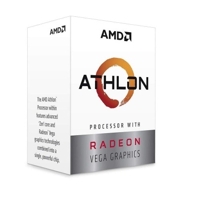 Embalagem branca do processador AMD Athlon com gráfico circular laranja e texto