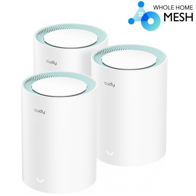 Dispositivos de rede Mesh brancos com detalhes azuis e texto WHOLE HOME MESH