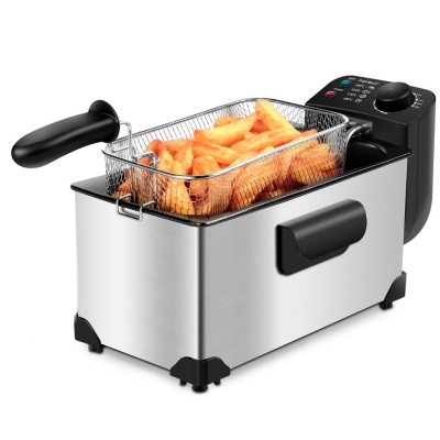 Fritadeira elétrica de aço inoxidável com cesta metálica e batatas fritas