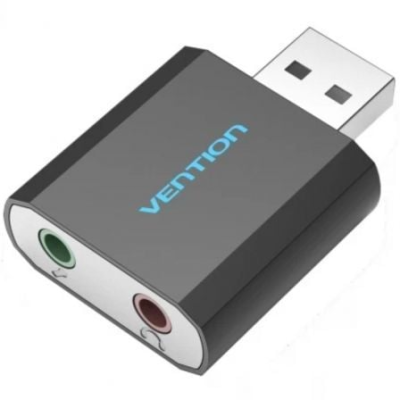 Adaptador USB áudio Vention cinza e preto com entradas verde e vermelha.