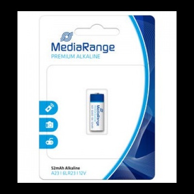 Pilha alcalina MediaRange Premium Alkaline A23 12V em embalagem branca e azul