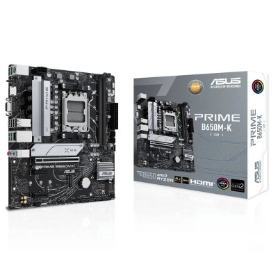 Placa-mãe ASUS PRIME B650M-K e embalagem cinza com texto de especificações