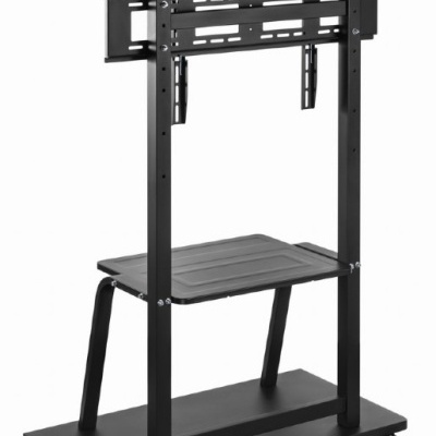 Suporte móvel para televisão preto com rodas e prateleira