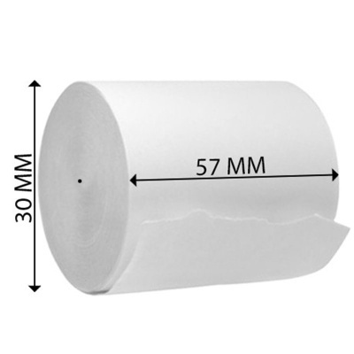 Rolo de papel térmico branco com setas indicando 57 mm de largura e 30 mm de altura