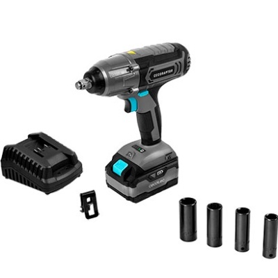 Conjunto de chave de impacto com bateria, carregador e soquetes pretos e cinzentos com detalhes azuis