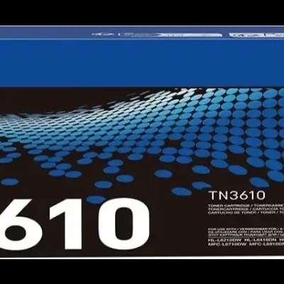 Embalagem de toner Brother TN3610 preta e azul com texto branco