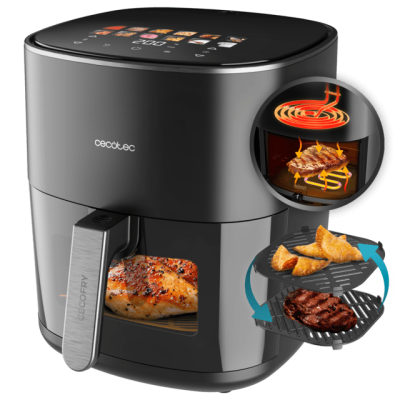 Air fryer preta Cecotec com painel digital e frango dentro