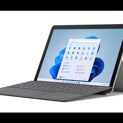 Tablet Windows com teclado cinza e ecrã táctil com menu Windows 11