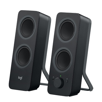 Par de colunas de som pretas da marca Logi com botões e LED