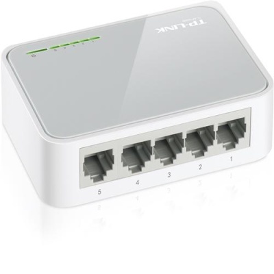 Switch de rede TP-LINK branco com cinco portas e LEDs verdes