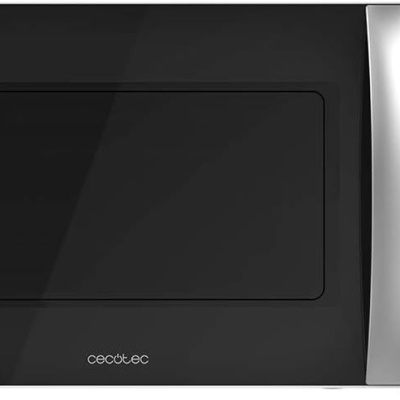 Micro-ondas preto e branco com botões giratórios e porta de vidro