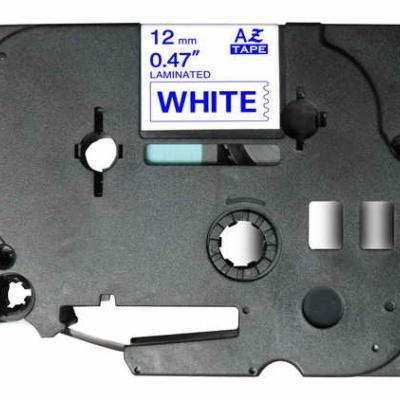 Cassete de fita para rotuladora preto com etiqueta branca azul