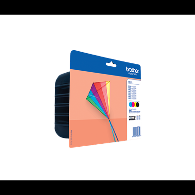 Embalagem cartucho tinta Brother azul e laranja com pipa colorida