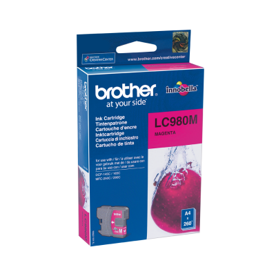 Caixa de tinta Brother LC980M magenta com maçã e água